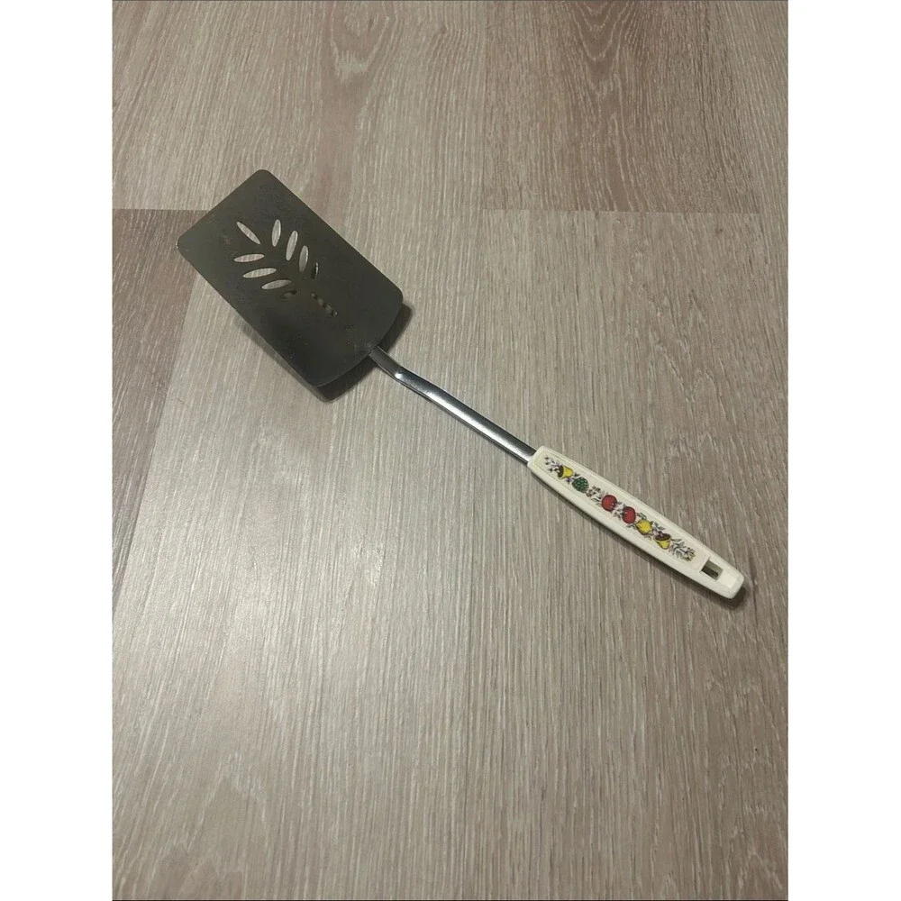 Vintage Vegetable Floral White Plastic Handle Metal Slotted Turner Spatula